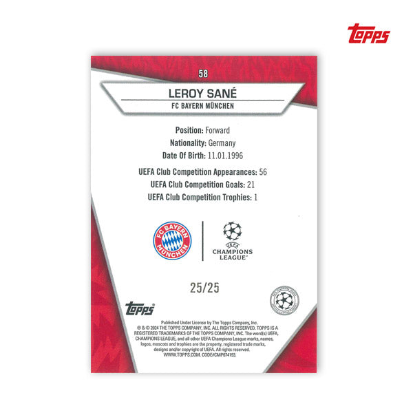 Leroy Sane, Topps Superstars UCC 2023/24, br. 58, narančasta seizmička paralela, 25/25